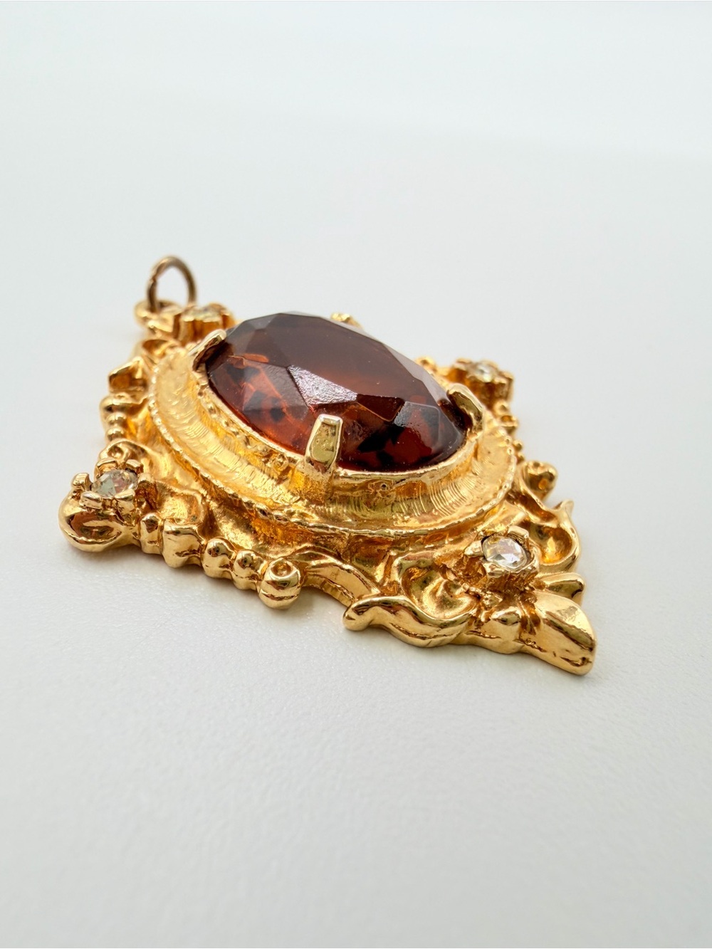 Vintage Victorian Revival Amber Glass Rhinestone Gold Tone Pendant - Picture 4 of 9
